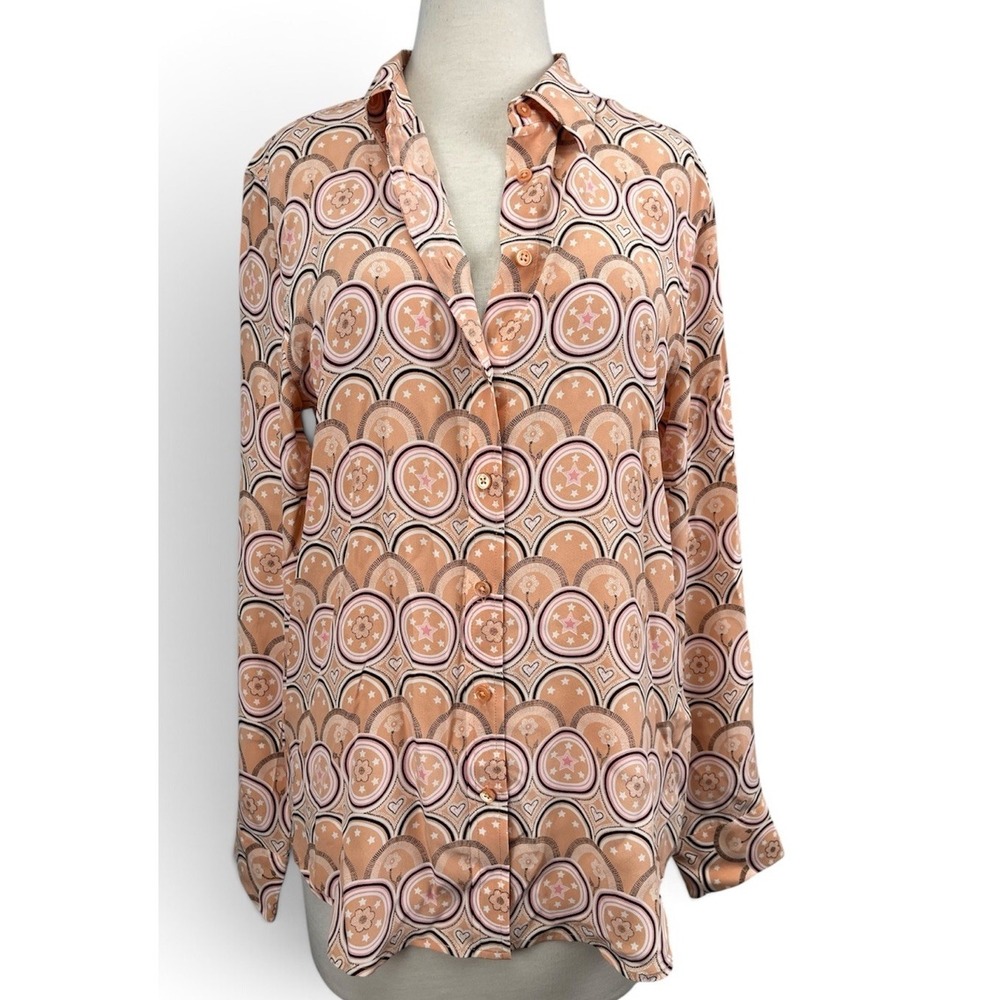 Equipment Kate Moss Silk Shirt Medium Peach Pink Geometric Heart Star Flower